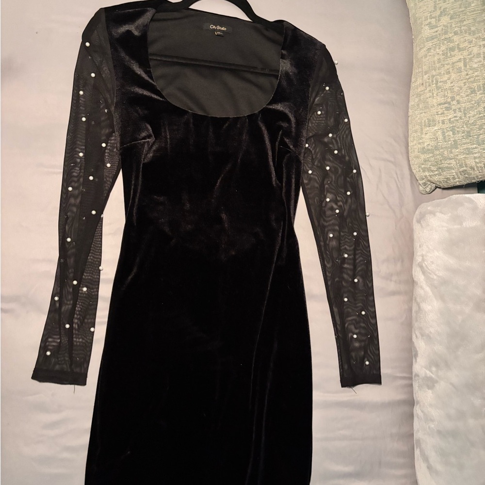 Black Velvet Dress with Sheer Embellished Sleeves